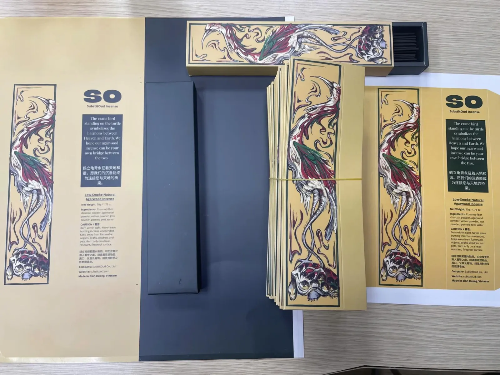 New SubstitOud boxes and printed sleeves laid out